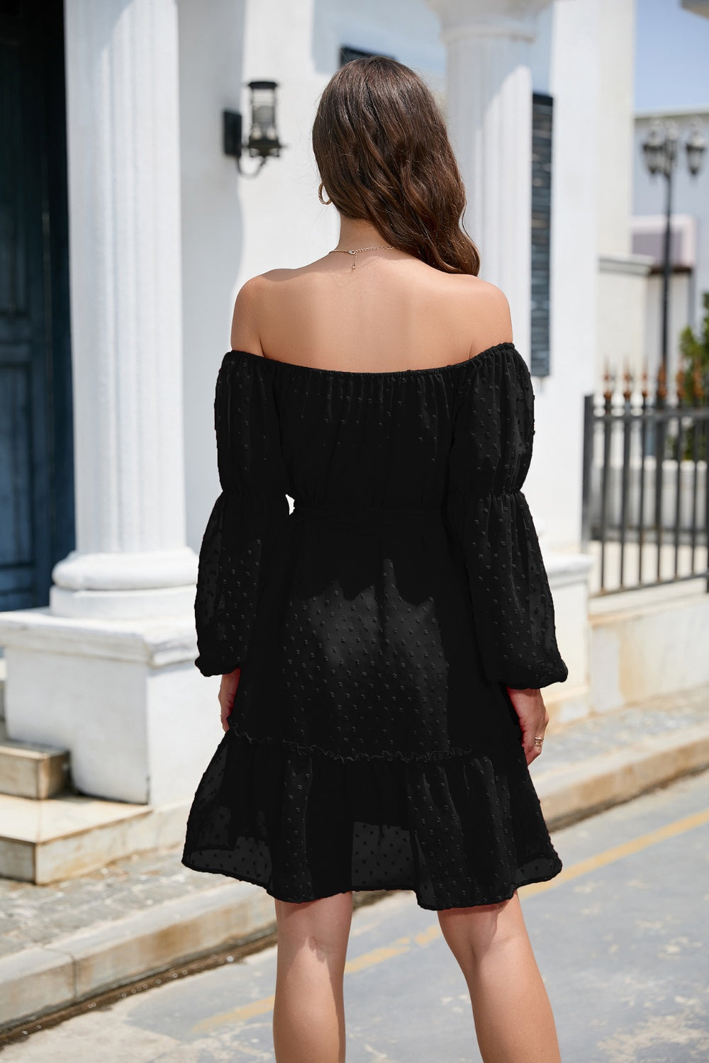 Swiss Dot Off-Shoulder Balloon Sleeve Boho Dress [Spirit and Rebel]   