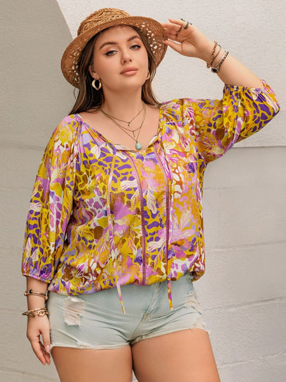 Plus Size Printed Tie Neck Boho Blouse - Spirit and Rebel [Spirit and Rebel]   