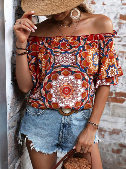 Printed Off-Shoulder Half Sleeve Boho Blouse - Spirit and Rebel [Spirit and Rebel]   