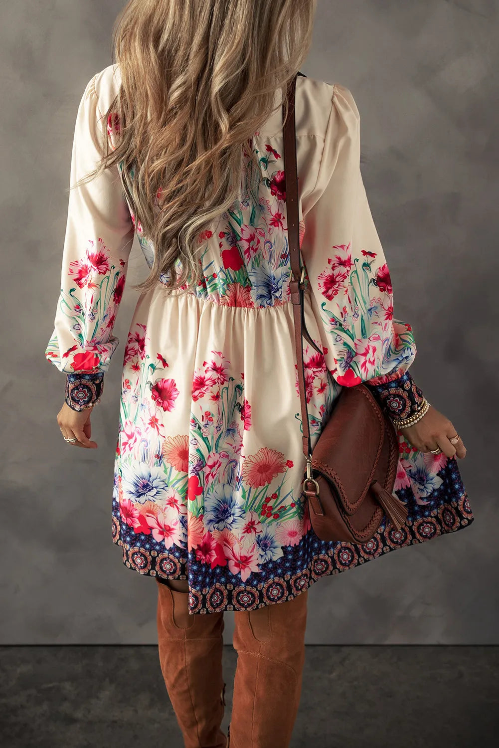 Spirit and Rebel Flower Button Down Lantern Sleeve Dress [Spirit and Rebel]   