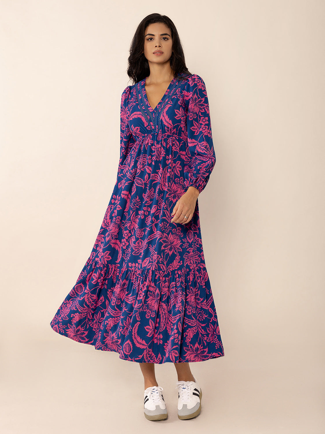 Spirit and Rebel Printed V-Neck Long Sleeve Midi Dress [Spirit and Rebel]   