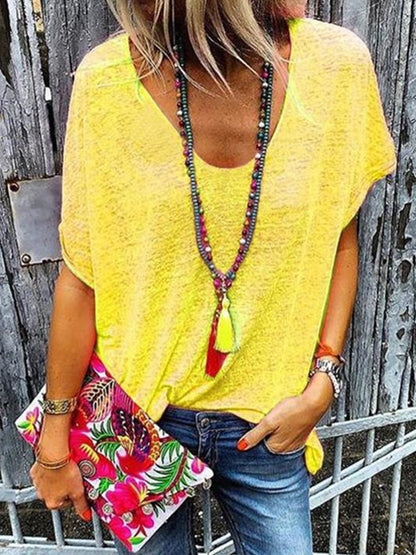 Plus Size Scoop Neck Short Sleeve T-Boho Shirt - Spirit and Rebel [Spirit and Rebel] Canary Yellow S 