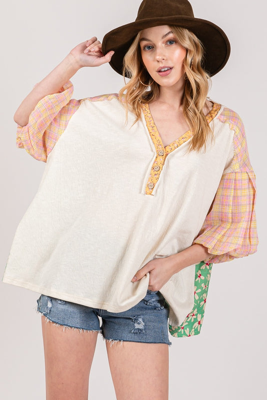 Color Block Bubble Sleeve Boho Top - Spirit and Rebel [Spirit and Rebel] Ivory S 