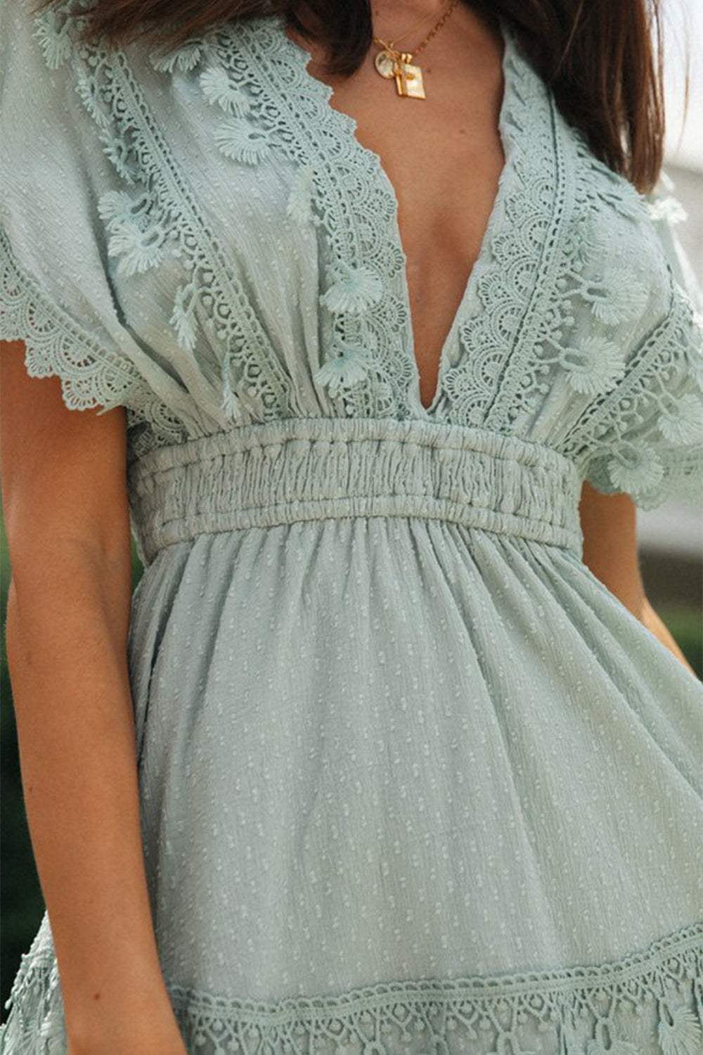 Lace Detail Plunge Short Sleeve Mini Boho Dress - Spirit and Rebel [Spirit and Rebel]   