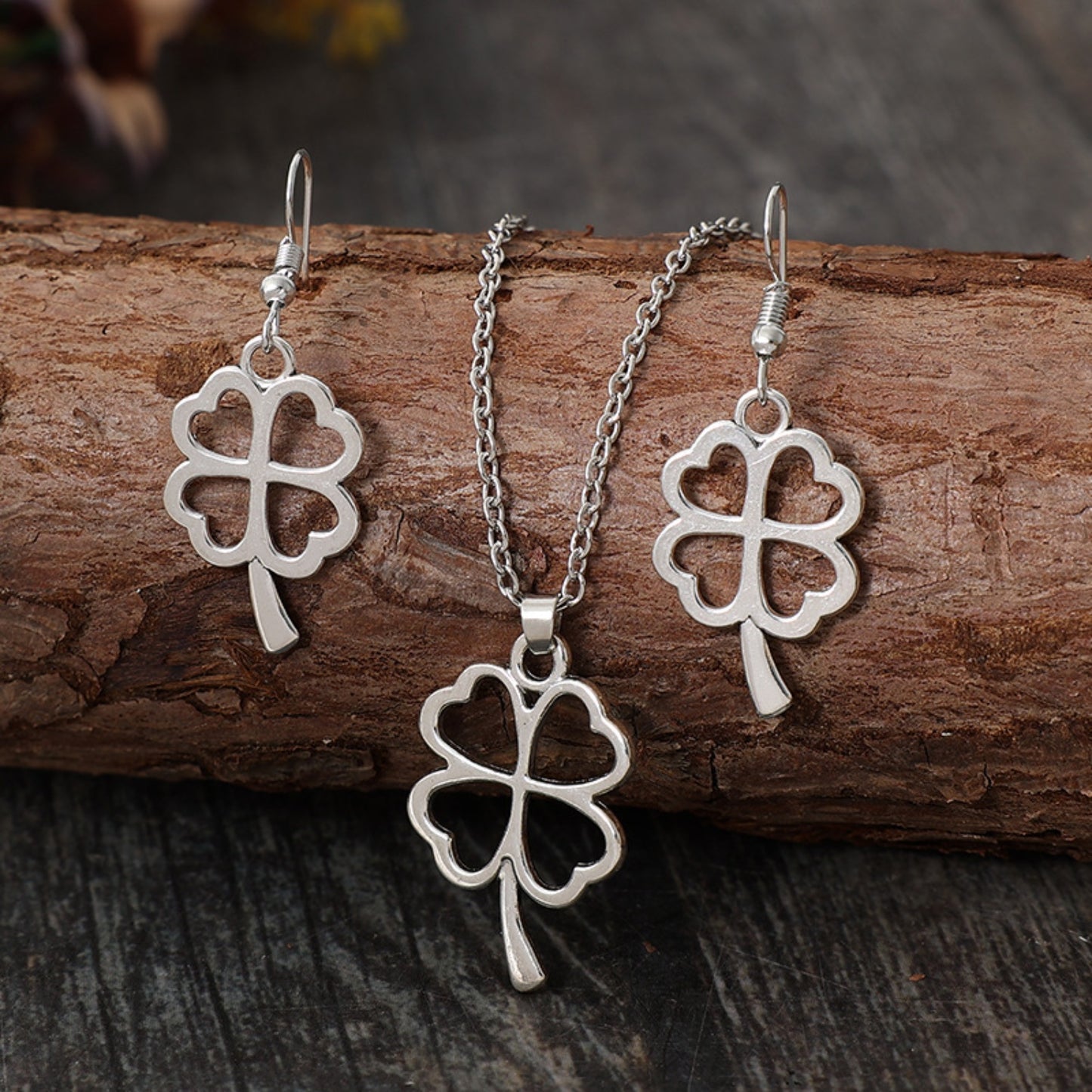 Lucky Clover Alloy Boho Earrings and Boho Necklace Jewelry Set - Spirit and Rebel [Spirit and Rebel] Silver One Size 