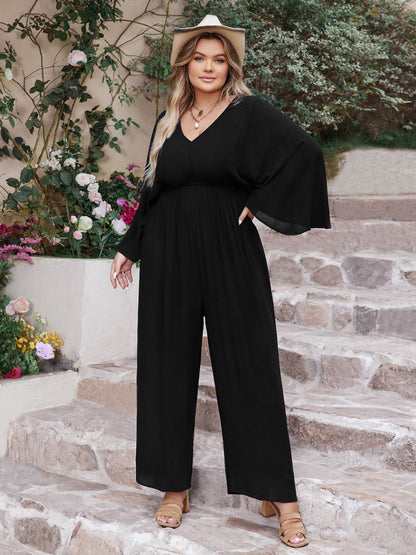 Plus Size V-Neck Long Sleeve Wide Leg Jumpsuit [Spirit and Rebel]   