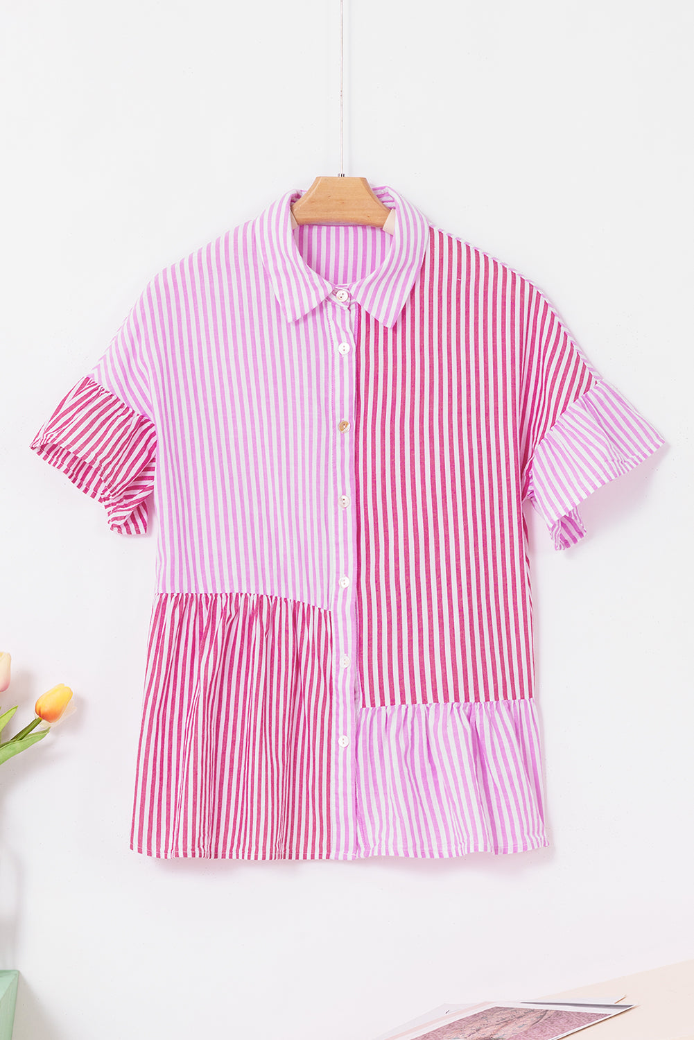 Striped Button Up Flounce Sleeve Shirt [Spirit and Rebel]   