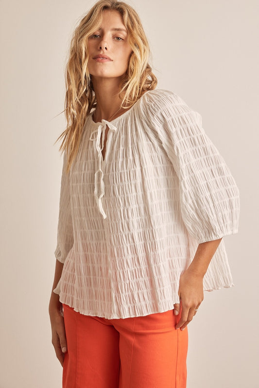 Textured Tie Neck Boho Blouse - Spirit and Rebel [Spirit and Rebel] Off White S 