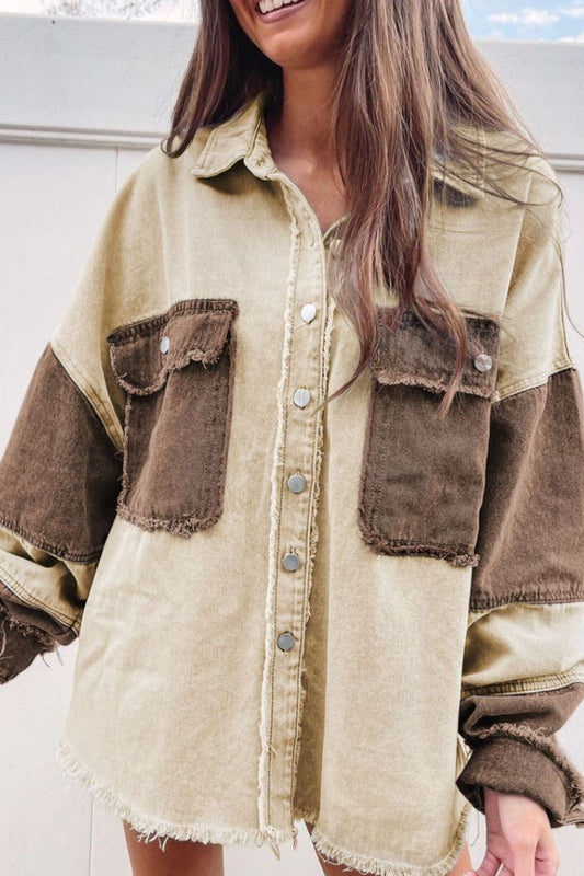 Raw Hem Contrast Collared Neck Boho Jacket [Spirit and Rebel] Coffee Brown S