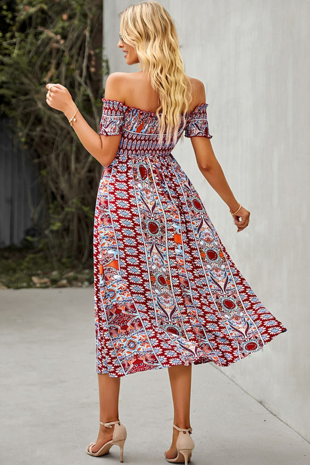 Off-Shoulder Frill Trim Split Boho Wedding Guest Dress [Spirit and Rebel]   