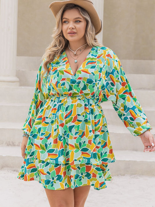 Plus Size Printed Surplice Long Sleeve Mini Dress - Spirit and Rebel [Spirit and Rebel] Green 1XL 