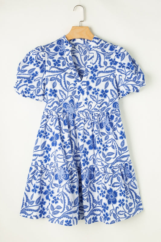 Printed Notched Puff Sleeve Boho Dress - Spirit and Rebel [Spirit and Rebel] Royal Blue S 