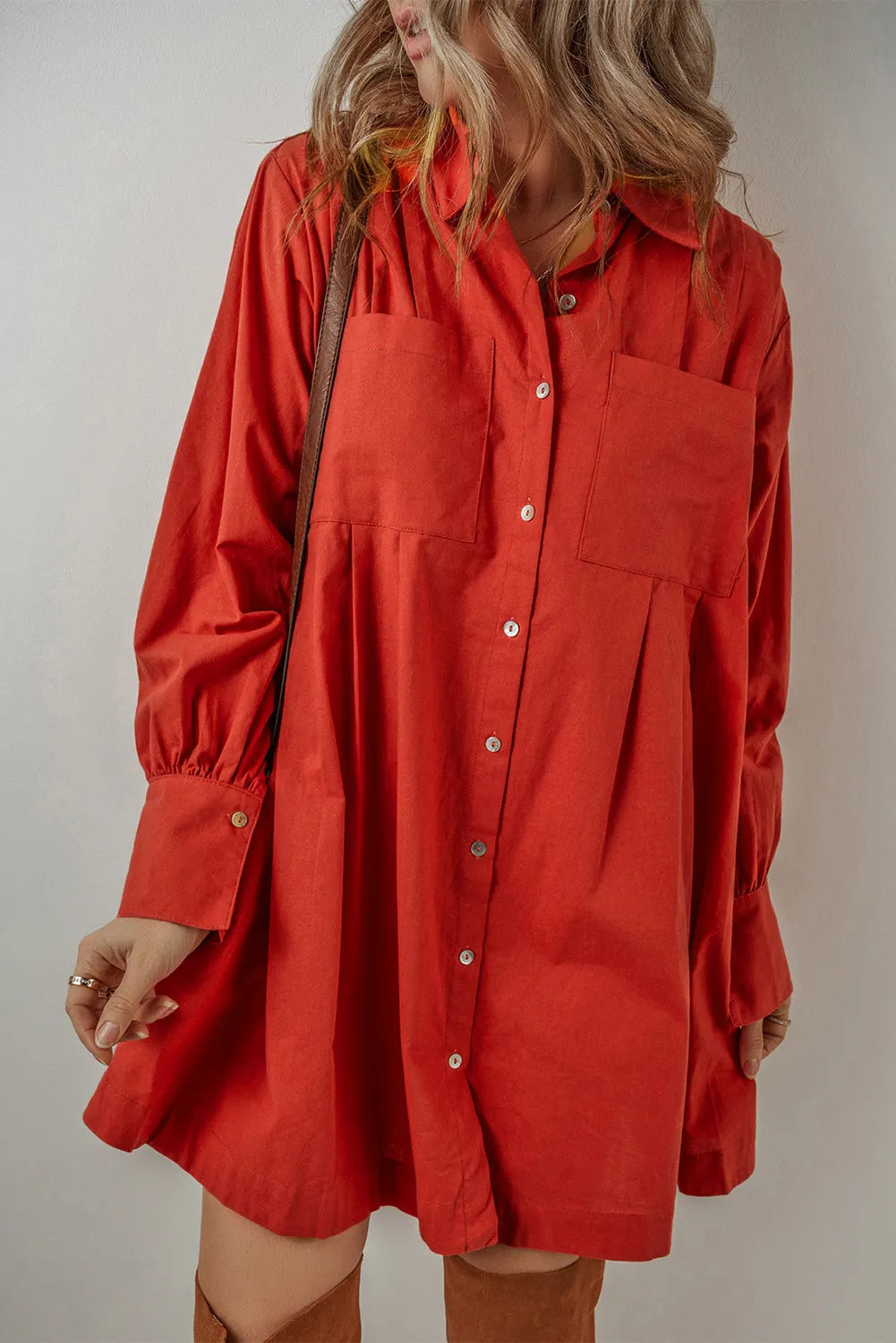 Pocketed Button Down Long Sleeve Boho Chic Shirt Dress - Spirit and Rebel [Spirit and Rebel] Red S 