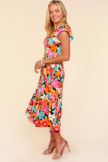 Floral Midi Boho Dress with Side Pockets - Spirit and Rebel [Spirit and Rebel]   