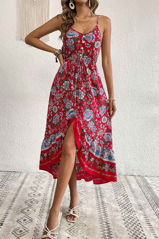 Bohemian Decorative Button Spaghetti Strap Dress [Spirit and Rebel] Floral S 