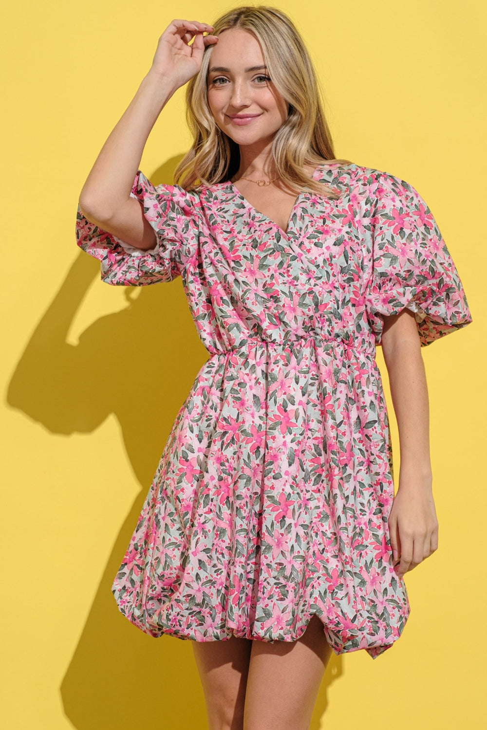 Plus Size Floral Surplice Puff Sleeve Dress - Spirit and Rebel [Spirit and Rebel]   