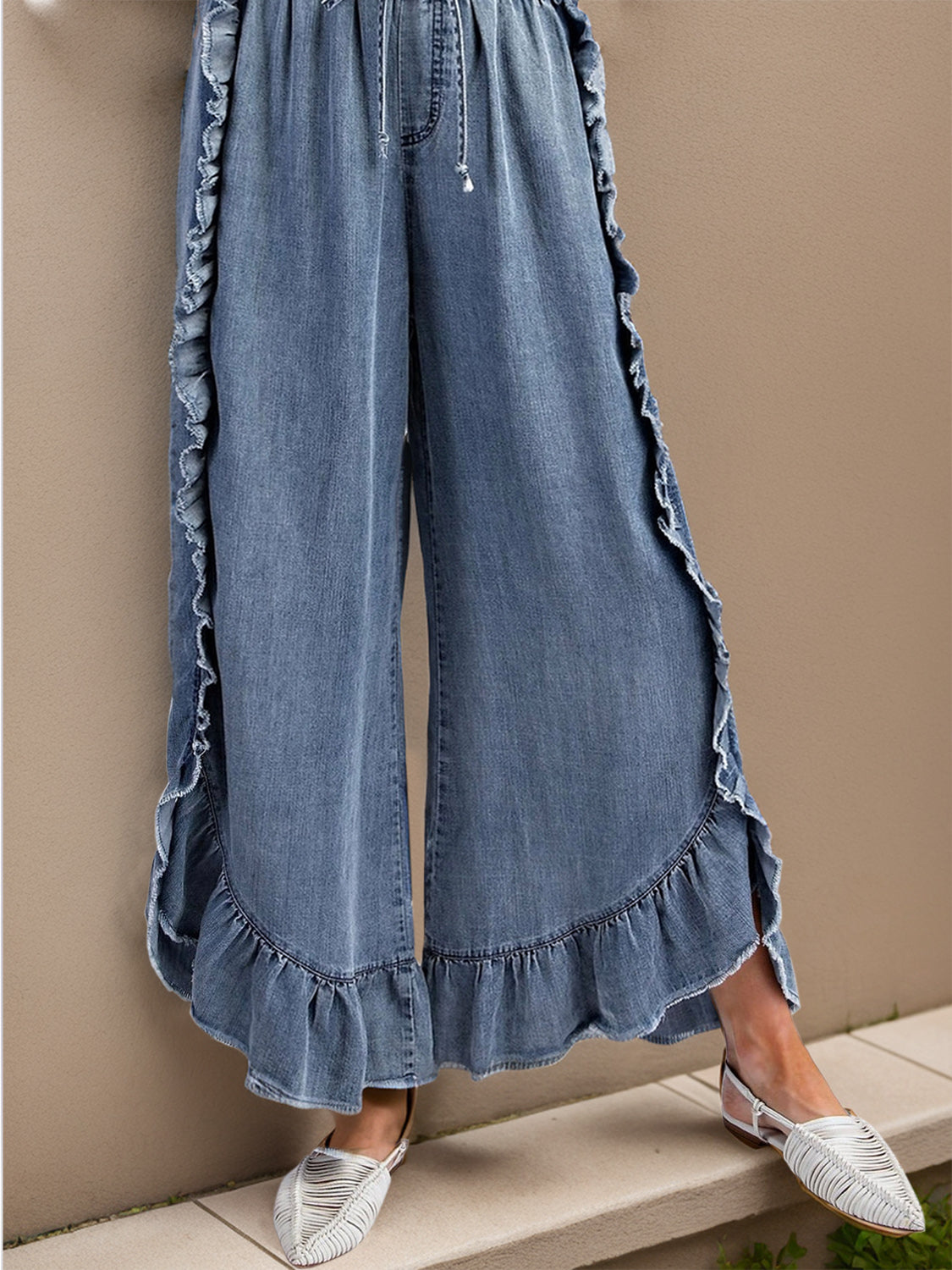 Drawstring Ruffled Wide Leg Boho Jeans - Spirit and Rebel [Spirit and Rebel]   