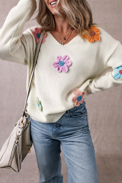 Crochet Flower V-Neck Long Sleeve Boho Sweater - Spirit and Rebel [Spirit and Rebel]   