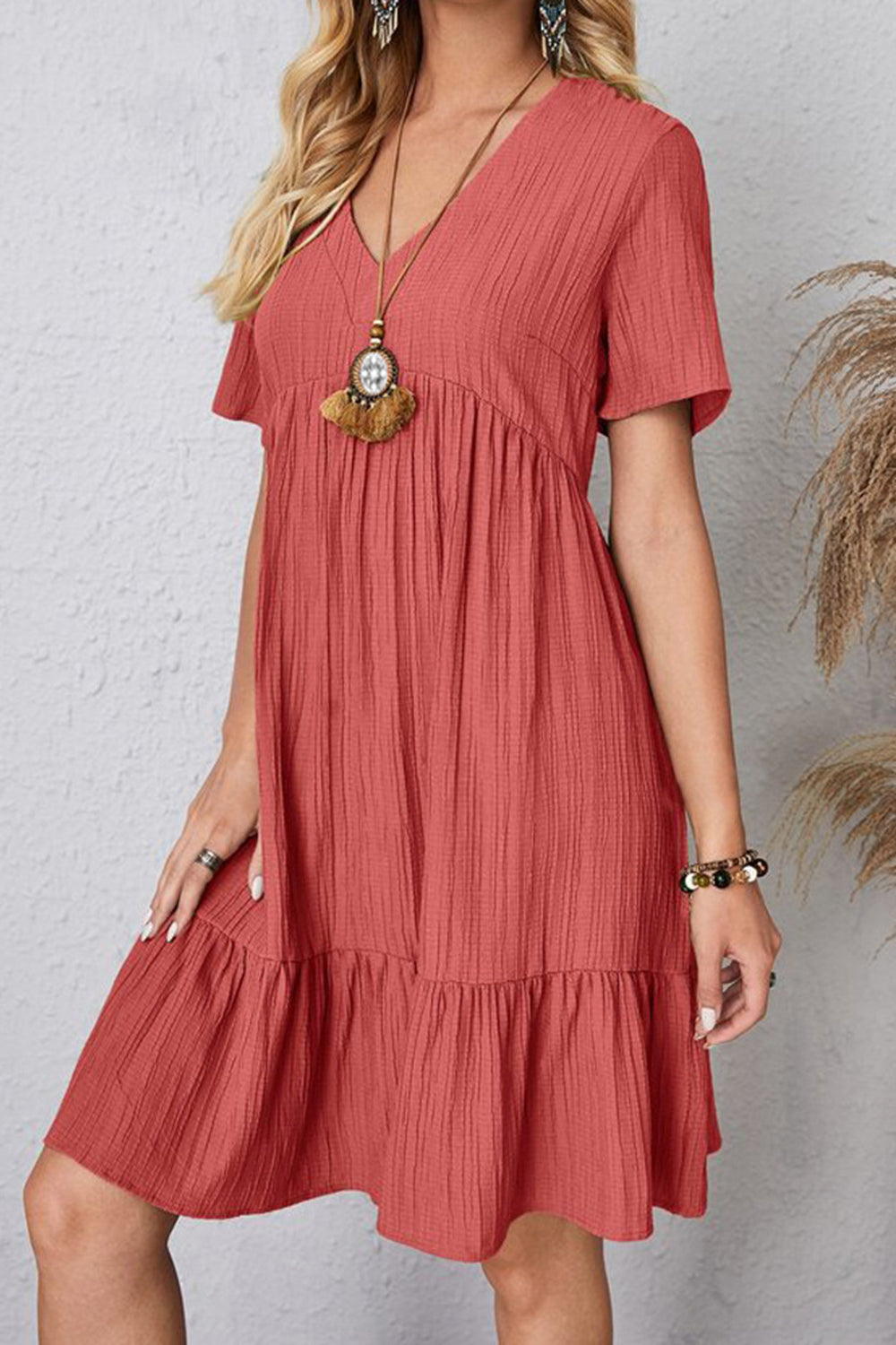 Boho Chic  Plus Size Ruched V-Neck Short Sleeve Dress [Spirit and Rebel]   