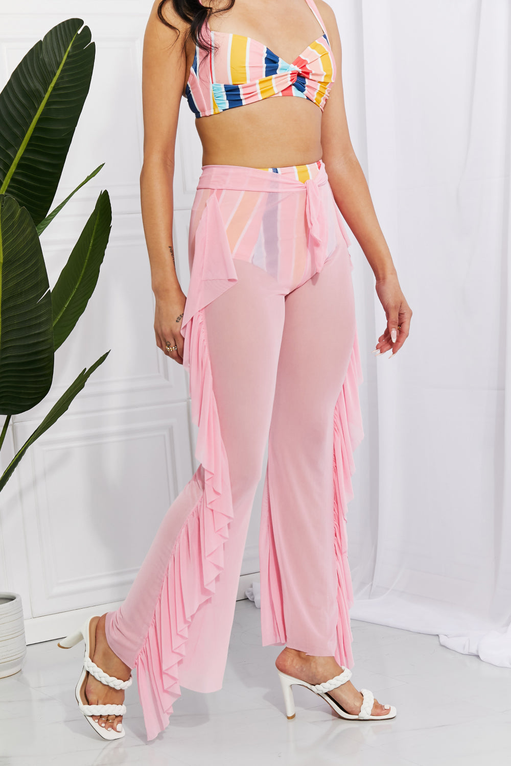 Marina West Swim Take Me To The Beach Mesh Ruffle Cover-Up Pants Sunset and Swim