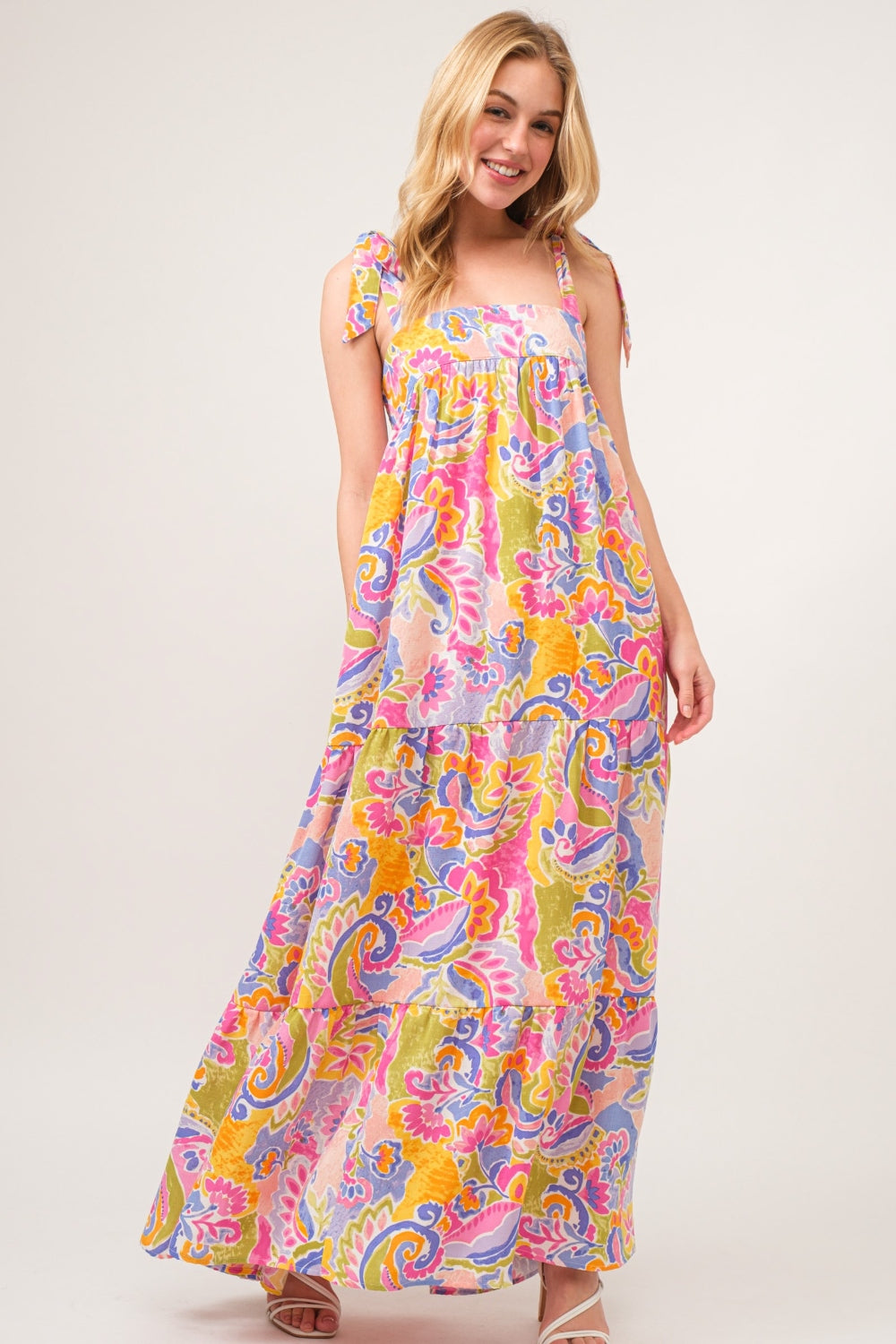 And The Why Plus Size Printed Tie Shoulder Tiered Boho Maxi Dress [Spirit and Rebel]   