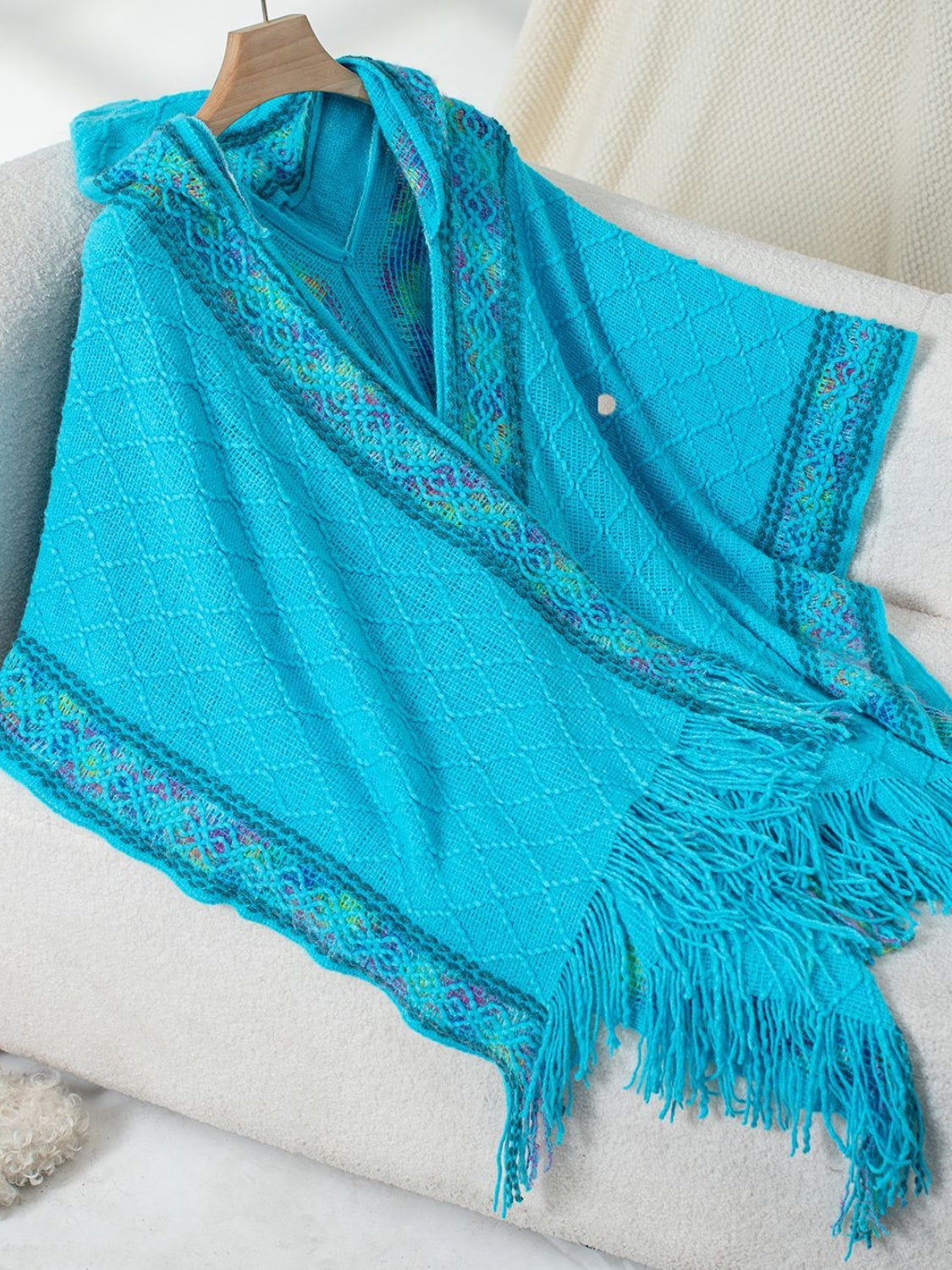 Fringe Half Sleeve Hooded Poncho - Spirit and Rebel [Spirit and Rebel] Sky Blue One Size 