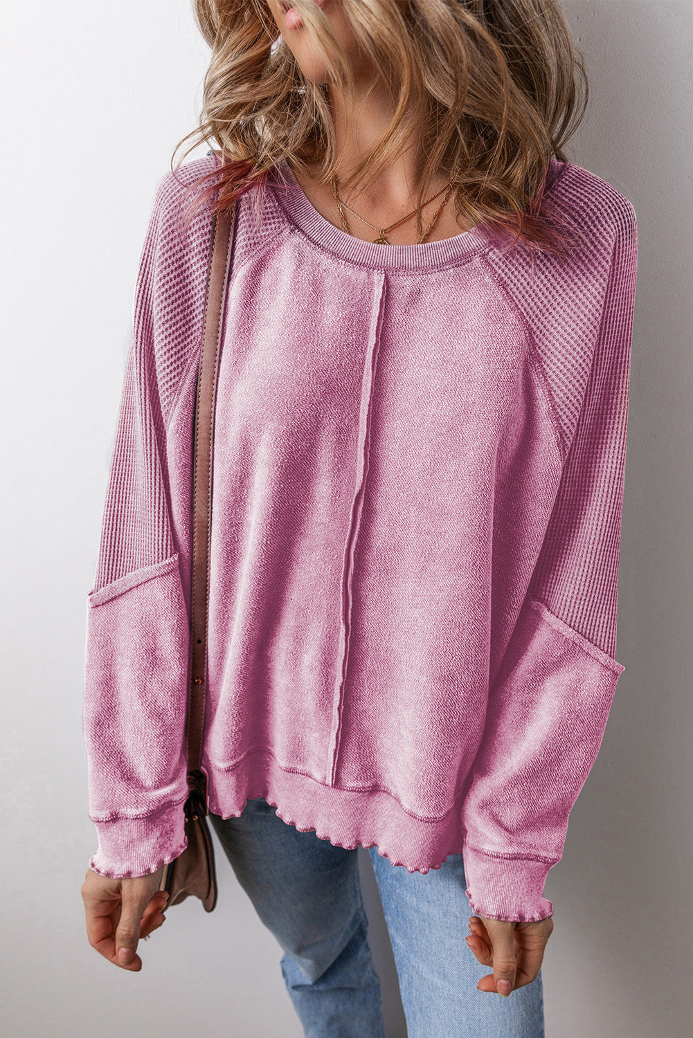 Round Neck Long Sleeve Boho Sweatshirt - Spirit and Rebel [Spirit and Rebel] Dusty Pink S 