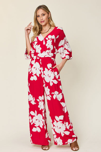 Double Take Plus Size Printed Tie Back Wide Leg Boho Jumpsuit [Spirit and Rebel] Deep Rose S 