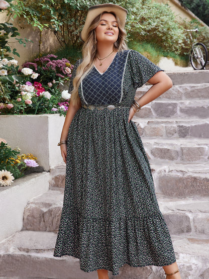 Plus Size Printed V-Neck Flutter Sleeve Boho Midi Dress [Spirit and Rebel]   