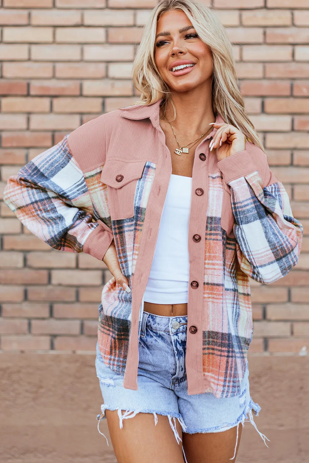 Plaid Button Up Long Sleeve Shacket - Spirit and Rebel [Spirit and Rebel] Pale Blush 2XL 