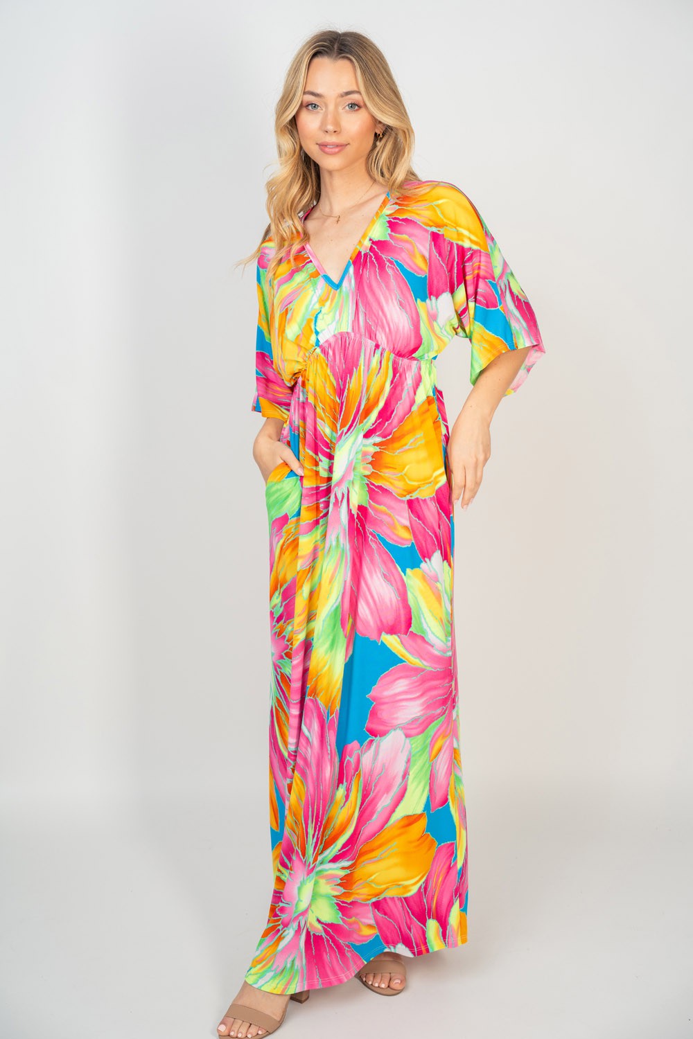 White Birch Printed V-Neck Maxi Dress with Pockets [Spirit and Rebel]   