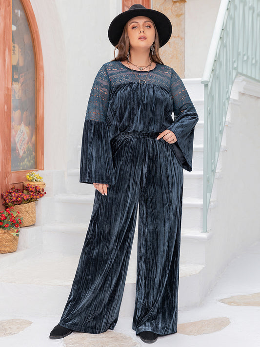 Plus Size Round Neck Flare Sleeve Boho Top and Boho Pants Set - Spirit and Rebel [Spirit and Rebel] Peacock  Blue 0XL 