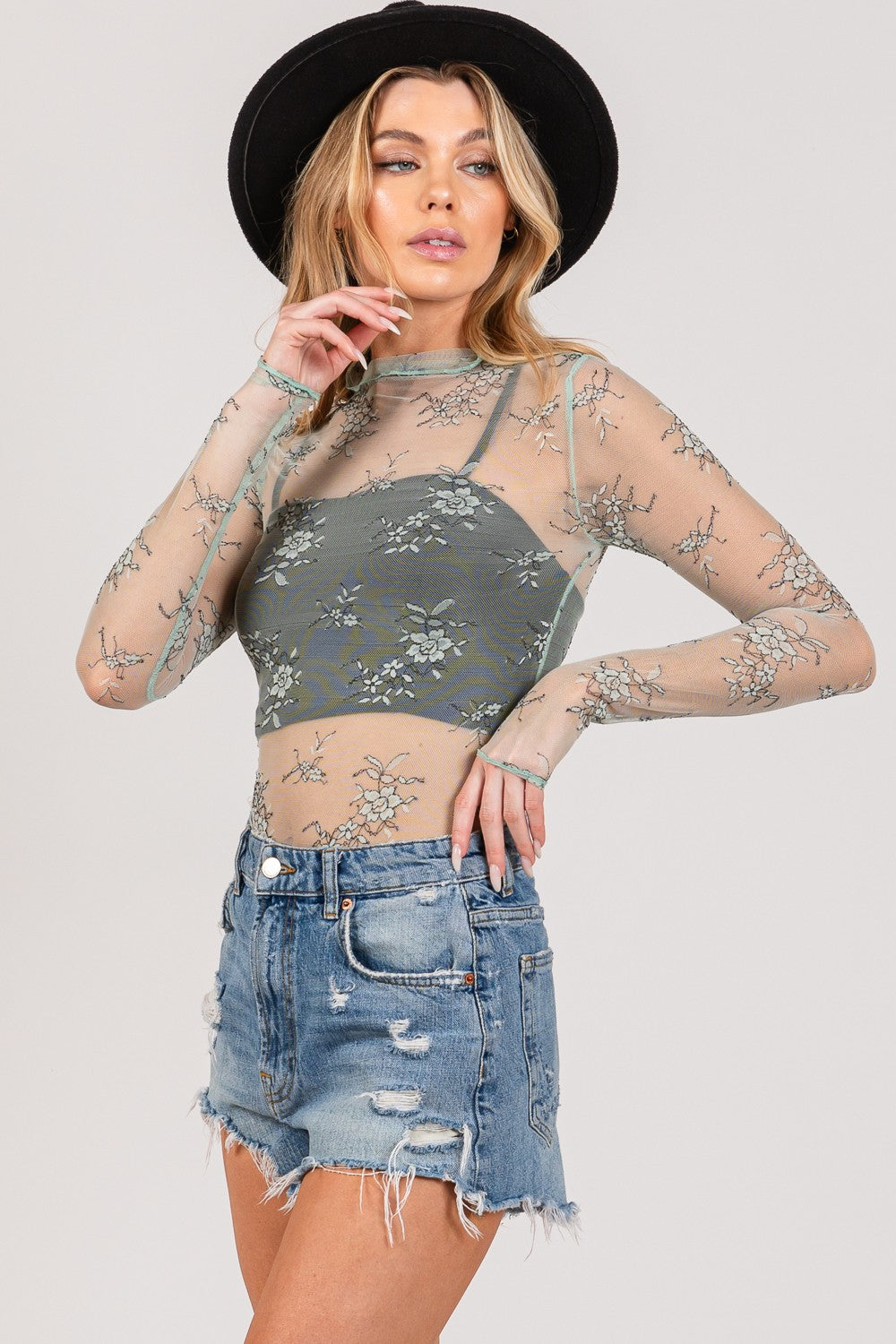 Mesh Long Sleeve Sheer Floral Embroidery Boho Top - Spirit and Rebel [Spirit and Rebel]   