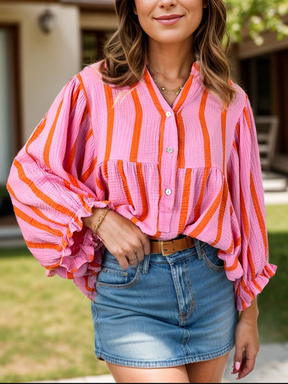 Spirit and Rebel Striped Notched Long Sleeve Bohemian Blouse [Spirit and Rebel] Pink S 