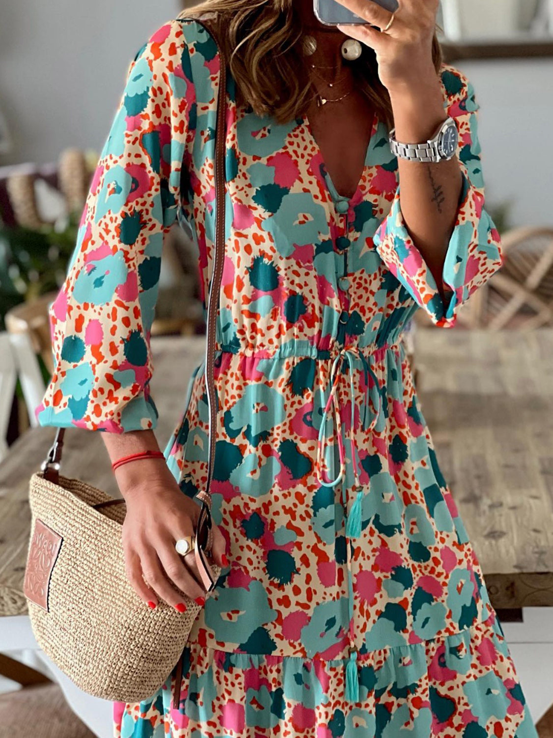 Boho Chic  Tassel Printed Three-Quarter Sleeve Dress [Spirit and Rebel]   