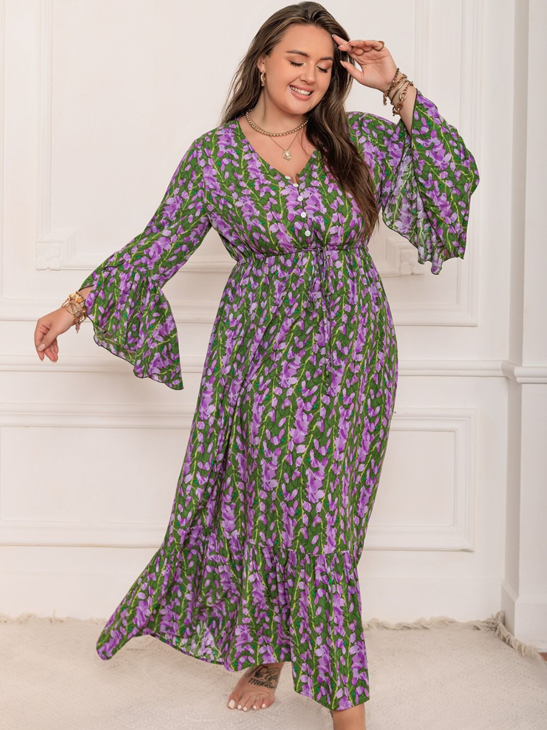 Plus Size Printed V-Neck Long Sleeve Maxi Dress - Spirit and Rebel [Spirit and Rebel] Mauve 0XL 