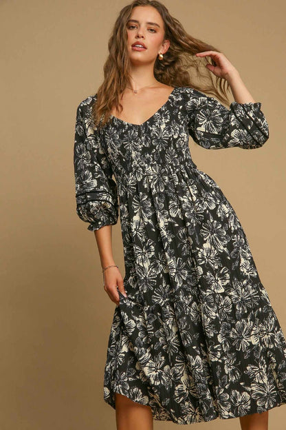 Umgee Ruffle Hem Flower Printed V-Neck Dress [Spirit and Rebel]