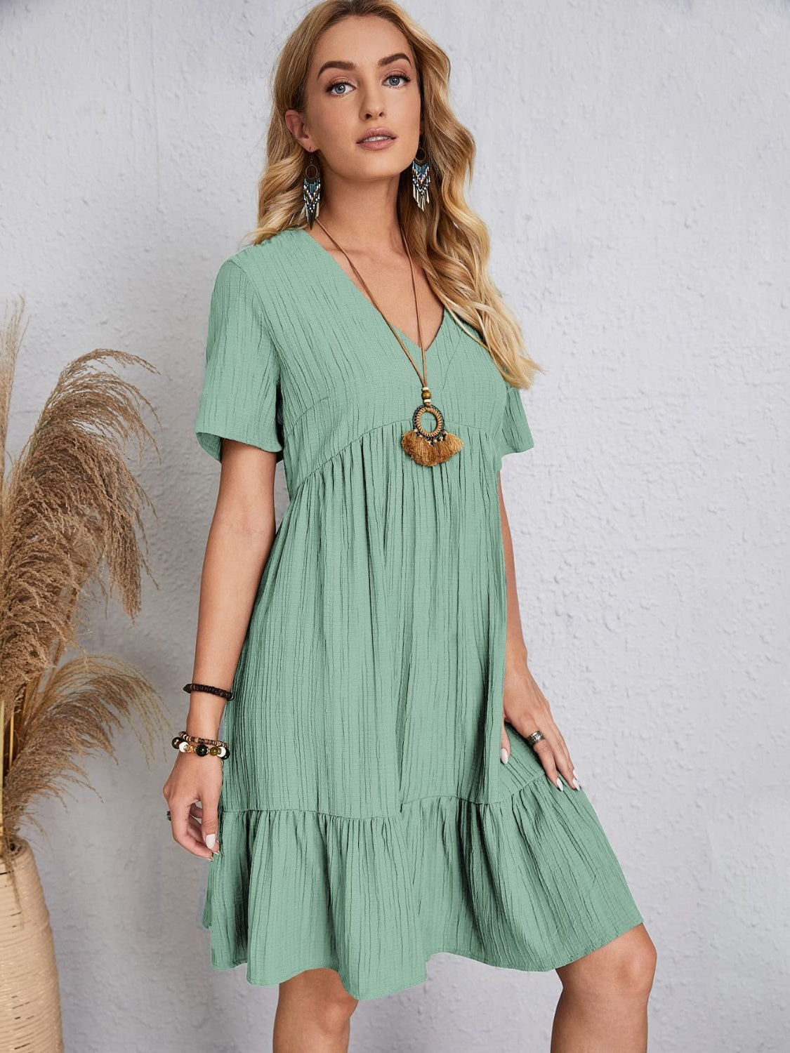 Plus Size V-Neck Short Sleeve Boho Dress - Spirit and Rebel [Spirit and Rebel]   