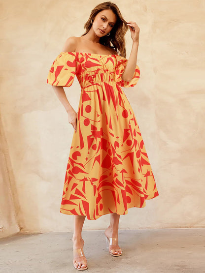 Printed Off-Shoulder Balloon Sleeve Dress [Spirit and Rebel] Red Orange S 