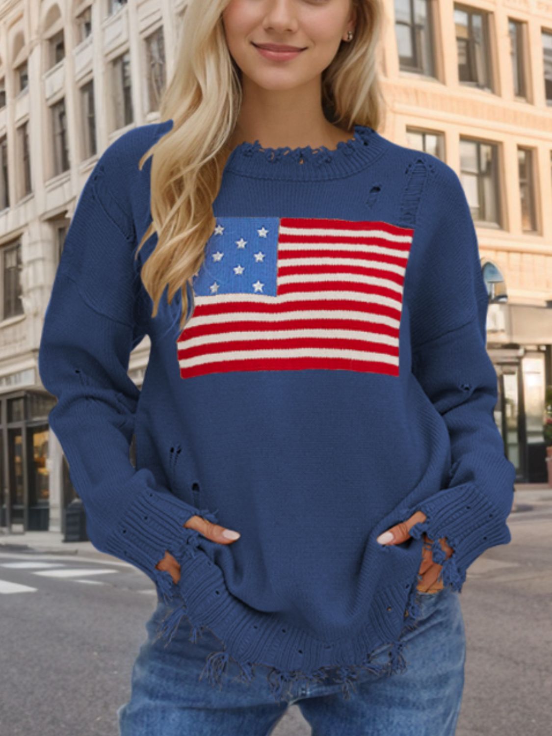 US Flag Distressed Round Neck Long Sleeve Boho Sweater - Spirit and Rebel [Spirit and Rebel] French Blue S 