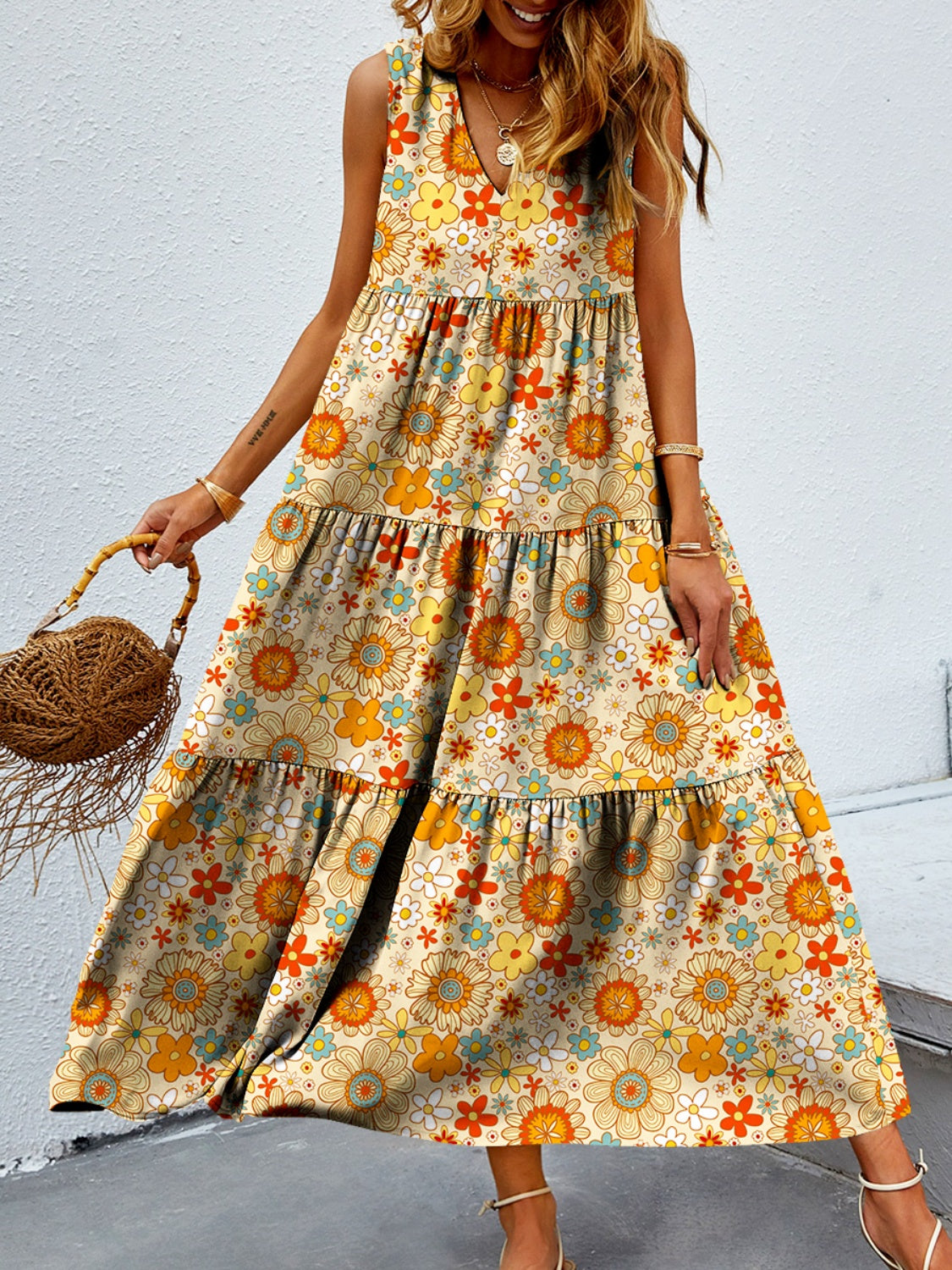 Boho Chic  Tiered Printed V-Neck Sleeveless Dress [Spirit and Rebel] Pastel Yellow M 