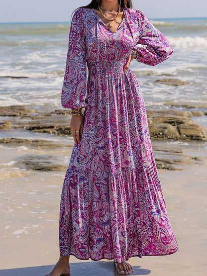 Spirit and Rebel Printed Tie Neck Balloon Sleeve Maxi Dress [Spirit and Rebel]   