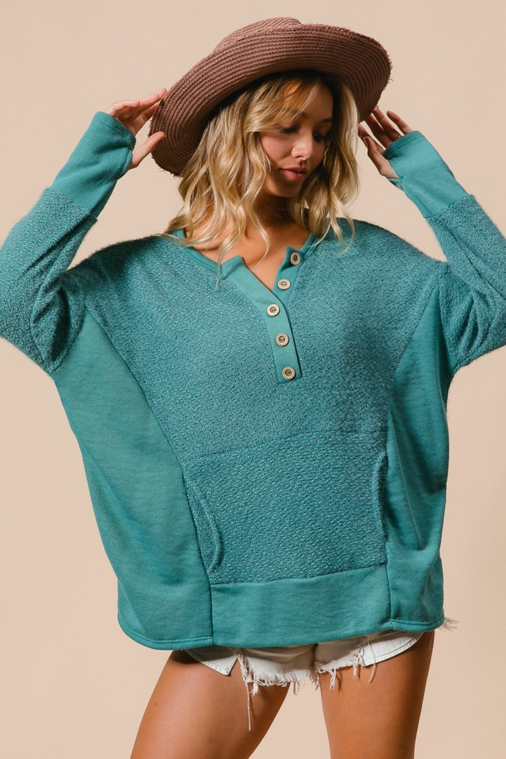 Thumb Opening Long Sleeve Boho Top with Kangaroo Pocket - Spirit and Rebel [Spirit and Rebel]   