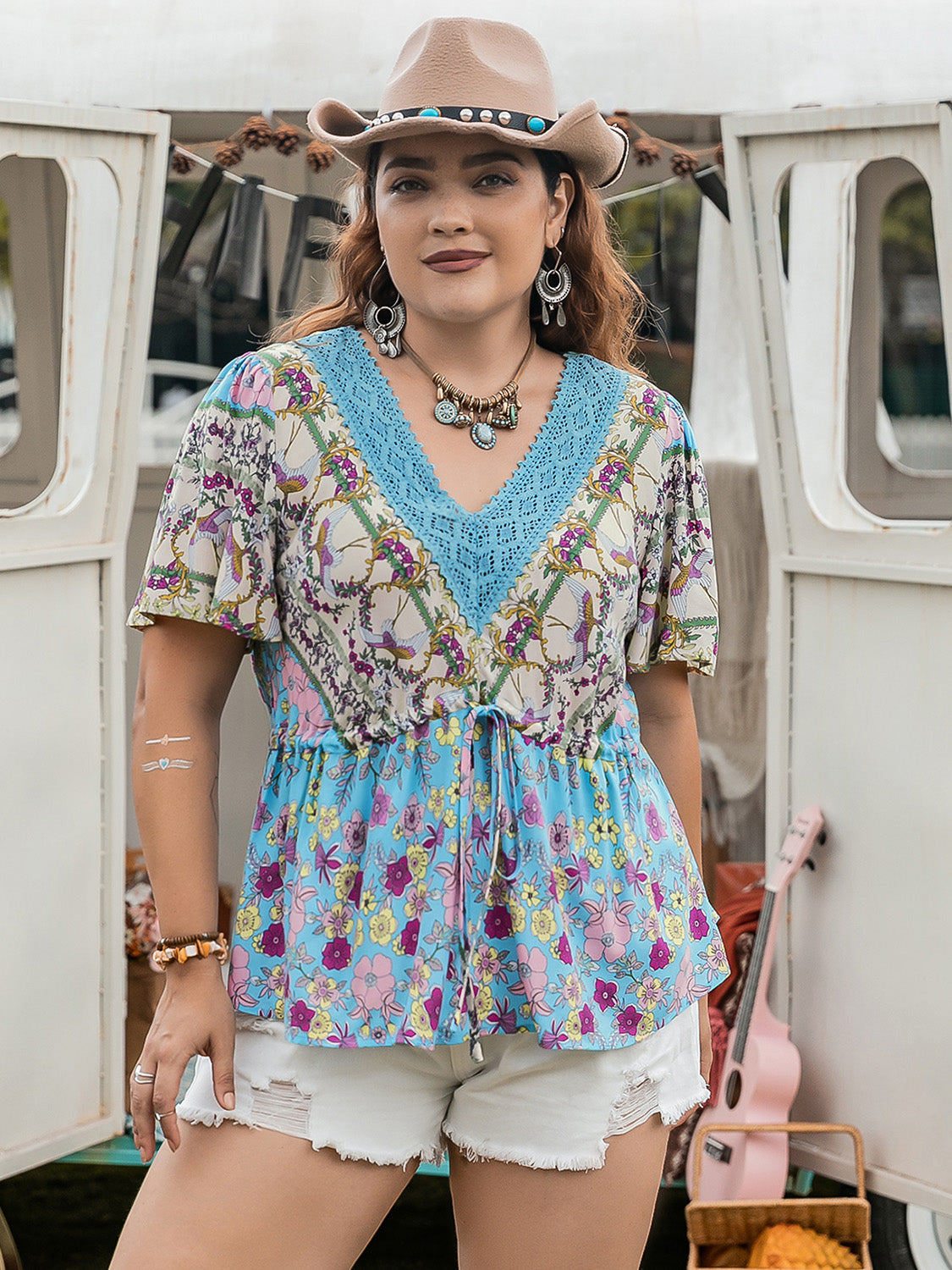 Plus Size Ruched Lace Detail Printed V-Neck Short Sleeve Boho Blouse [Spirit and Rebel] Pastel  Blue 0XL 