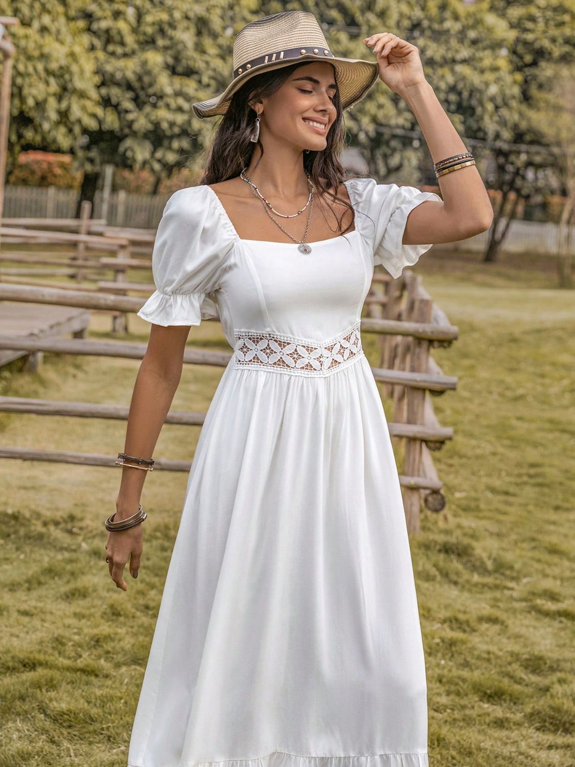 Square Neck Flounce Sleeve Boho Midi Dress [Spirit and Rebel]   