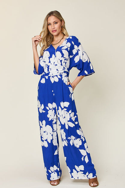 Double Take Plus Size Printed Tie Back Wide Leg Boho Jumpsuit [Spirit and Rebel] Royal  Blue S 