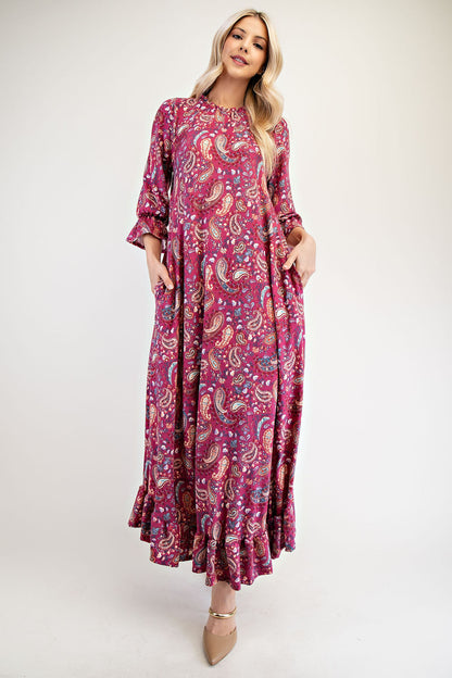 Plus Size Ruffle Hem Paisley Round Neck Dress [Spirit and Rebel] Cerise S