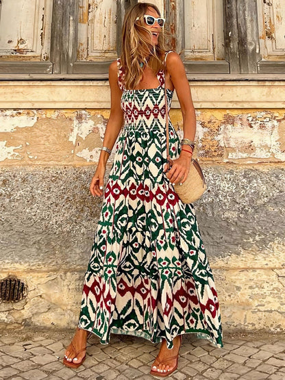 Smocked Printed Square Neck Sleeveless Boho Dress [Spirit and Rebel]   