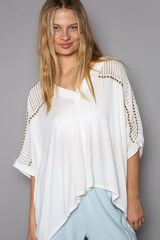 Oversize V-Neck Crochet Lace Contrast Studded Boho Top - Spirit and Rebel [Spirit and Rebel] Ivory S 