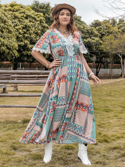 Plus Size Lace Detail Printed Half Sleeve Midi Boho Dress - Spirit and Rebel [Spirit and Rebel] Turquoise 0XL 